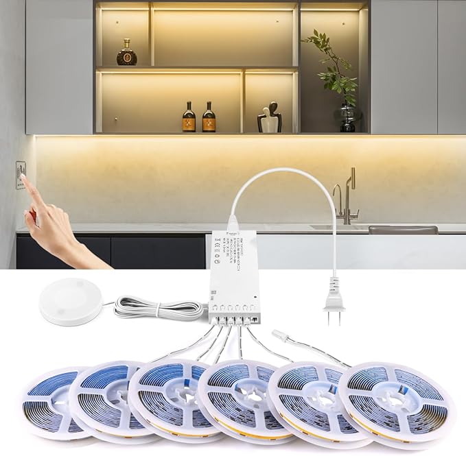 AIMENGTE 12V COB LED Cabinet Lights Strip, 6 x 3.3ft Touch Dimmable 3000K Warm White Lighting for Parallel Wood Slat Wall Panels, Display Cabinets, Wardrobes, Showcases, Shelves