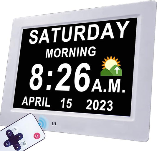 MASSII 27 Alarms Digital Talking Clock with Time Date Announcement, Auto DST, 20 Custom Reminders, 10-Level Dimmer, Sleep Trainer, Large Day Calendar Clock for Elderly Dementia Alzheimers -with Remote