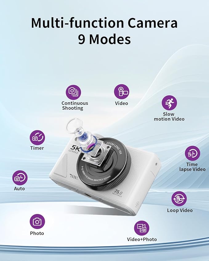 5K Digital Camera for Photography with WiFi, 75MP Ultra HD Vlogging Camera for YouTube with 3" 180° Flip Screen,18X Zoom Autofocus Compact Cameras for Beginners Teens with 64GB SD Card.