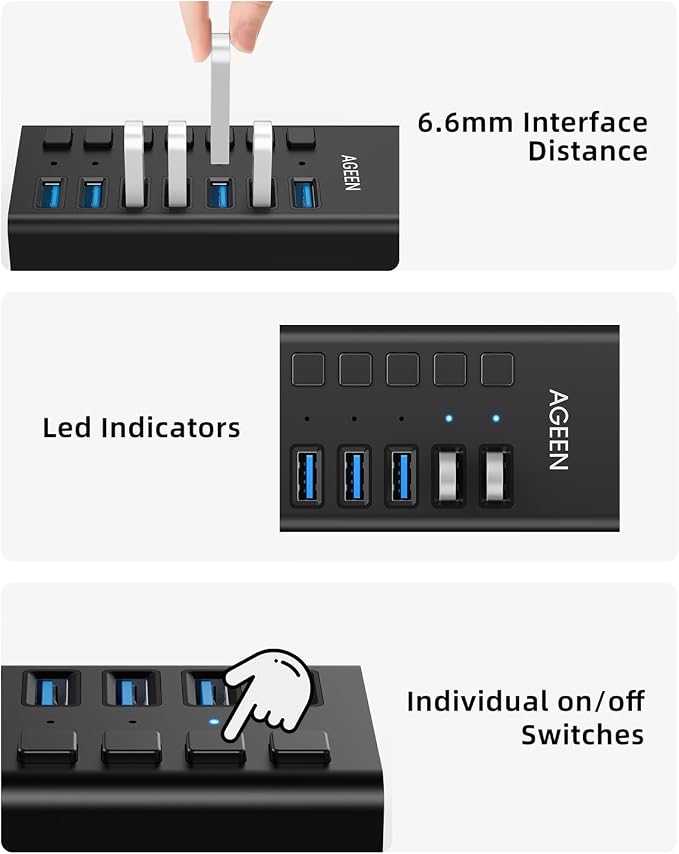 AGEEN 7-Port USB 3.2 Gen 2 Hub, 10Gbps High-Speed Aluminum Powered Hub with 24W Adapter, Individual Switches & Surge Protection for PC/Laptop, Flash Drive, Printer, Camera