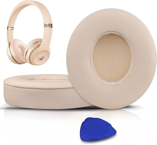SoloWIT Earpads Cushions Replacement for Beats Solo 2 & Solo 3 Wireless On-Ear Headphones, Solo2 Solo3 Ear Pads with Soft Protein Leather, Added Thickness - Satin Gold