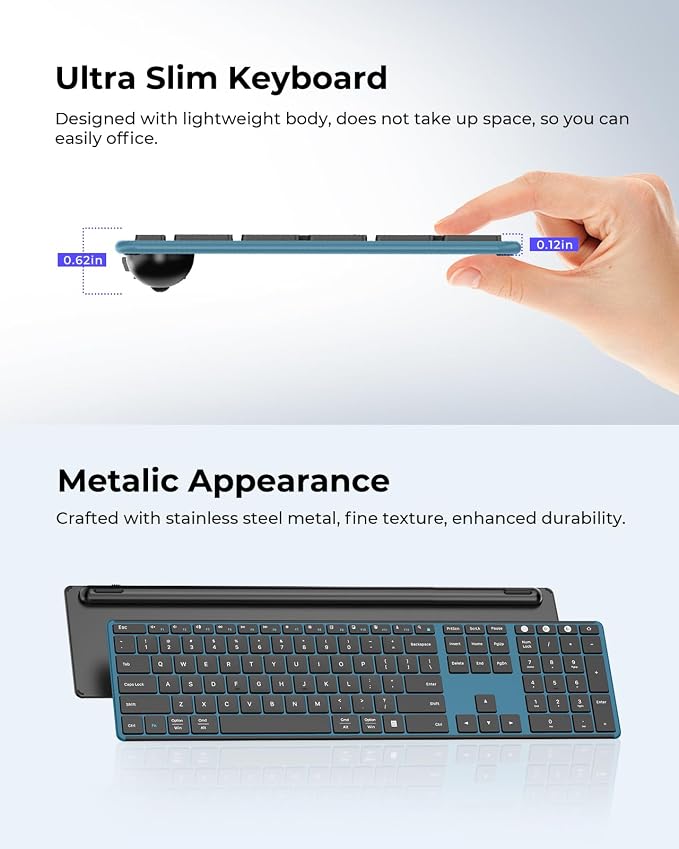 seenda Wireless Bluetooth Keyboard and Mouse Combo, SKM64-3 Rechargeable Slim Quiet Keyboard Mouse, 3 Multi-Device Connection, Compatible for Windows 11/10 PC Laptop Mac MacBook iPad, Black Blue