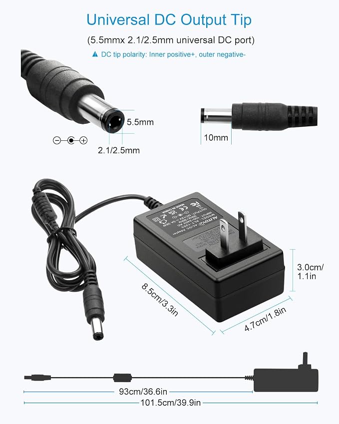 ALITOVE 12 Volt Power Supply 2.5A 30W Power Adapter AC 100~240V to DC 12V Converter 4.92FT Power Cord with 5.5 x 2.5mm DC Plug for LED Strip Lights CCTV Camera Routers Sceptre Monitor (5 Pack)