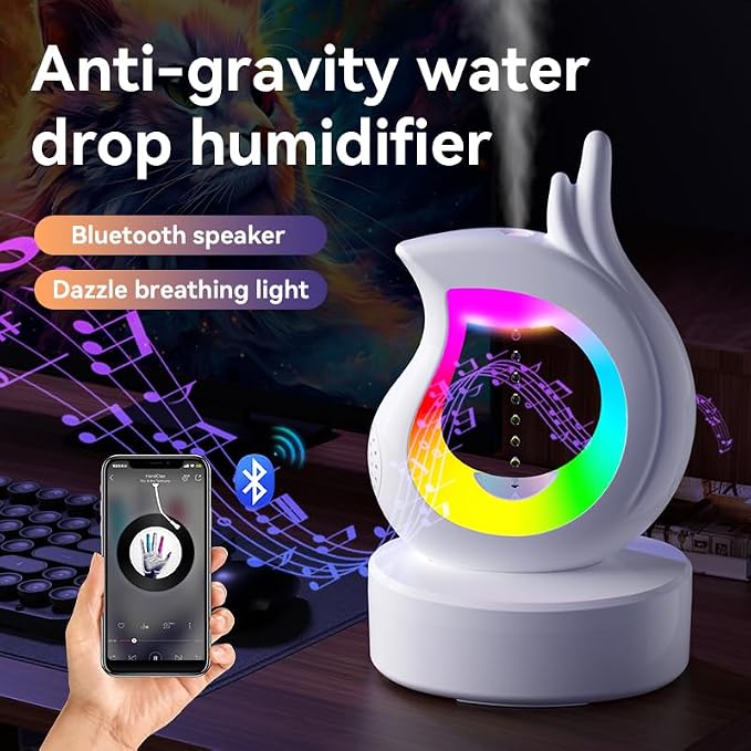 3-in-1 Anti-Gravity Raindrop Humidifier with Bluetooth Speaker & Aromatherapy Diffuser, 7-Color Night Light, Cool Mist Desktop Humidifier for Bedroom, Home, Office