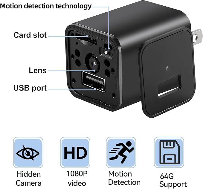 Charger Camera, 1080P Small Camera with Motion Detection, Camera with 64GB Micro SD Card Included, Nanny Camfor Home, Window, Indoor and Security (No WiFi)