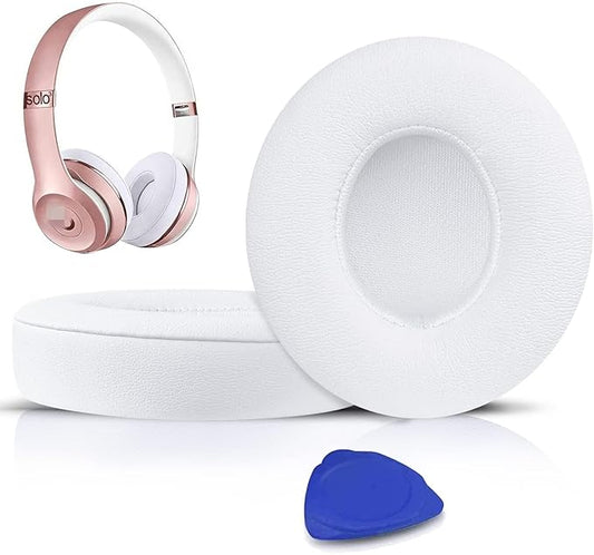 SoloWIT Earpads Cushions Replacement for Beats Solo 2 & Solo 3 Wireless On-Ear Headphones, Solo2 Solo3 Ear Pads with Soft Protein Leather, Added Thickness - White