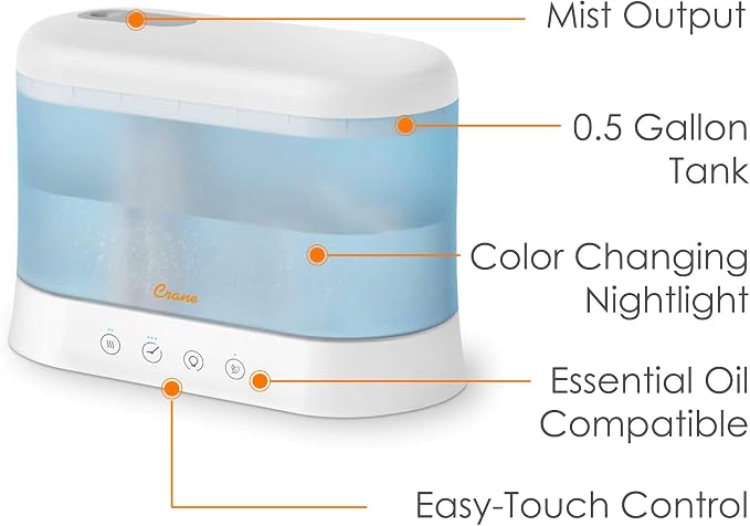 Crane 0.5 Gallon Top Fill Cool Mist Humidifier & Essential Oil Diffuser, Whisper-Quiet, 15-Hour Run Time, Night Light, Small Room Air Humidifier, Perfect For Office, Bedroom or Nursery