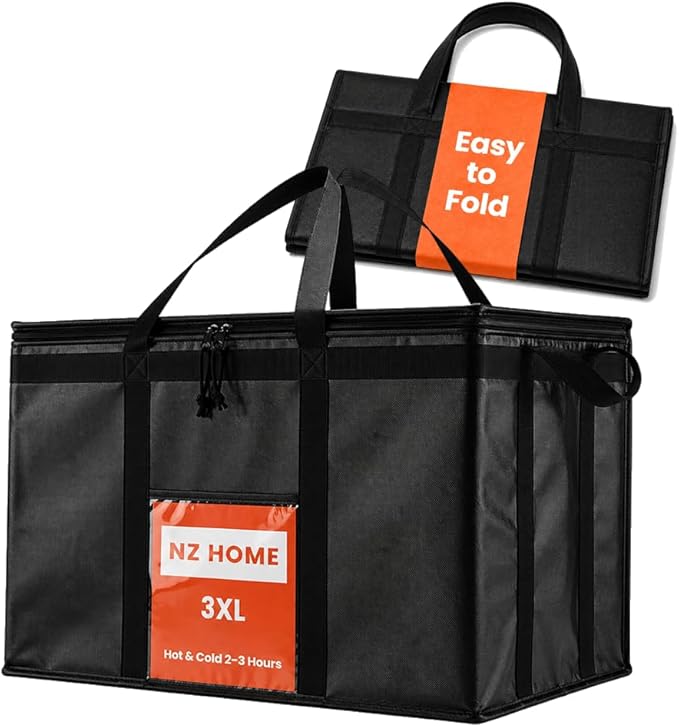 NZ home Insulated Bags for Food Delivery (3XL) Grocery Shopping Cooler Bag, Pizza Delivery, Hot & Cold Catering Tote, Reusable, Foldable & Heavy Duty (Black)