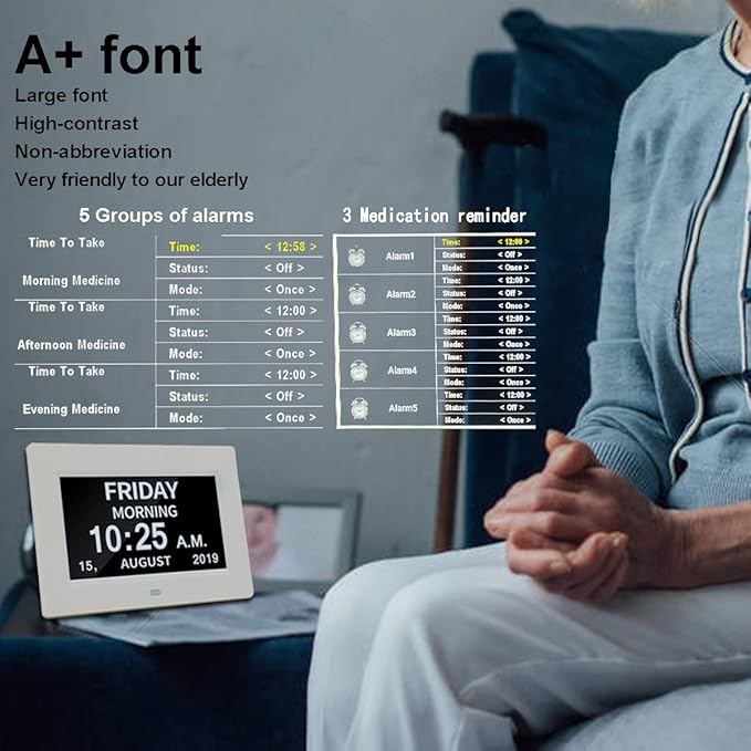AINFTIME DST Clock with Day and Date for Elderly-3 Display Digital Calendar Alarm Day Dementia Alzheimers Clock with Extra Large Display (7in White)
