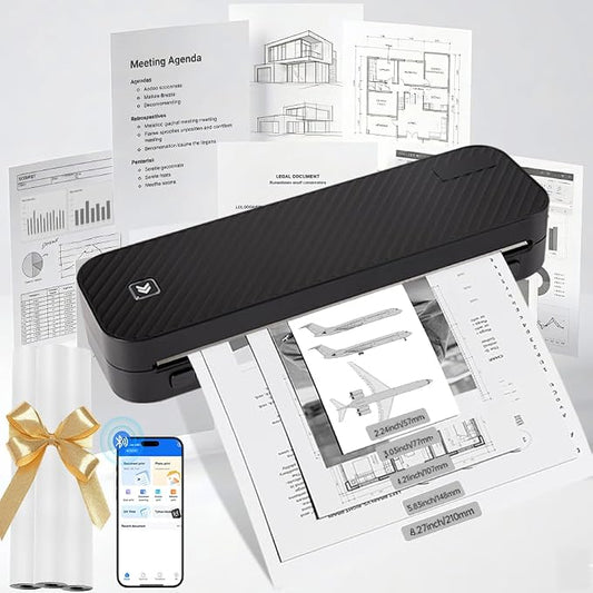 Portable Printer for Travel Bluetooth,Inkless Travel Printer,supports thermal US Letter & A4 & A5 & A6 & A7 & Receipt paper,Compatible with Phone & Laptop and Tablet,with 3 thermal paper rolls.