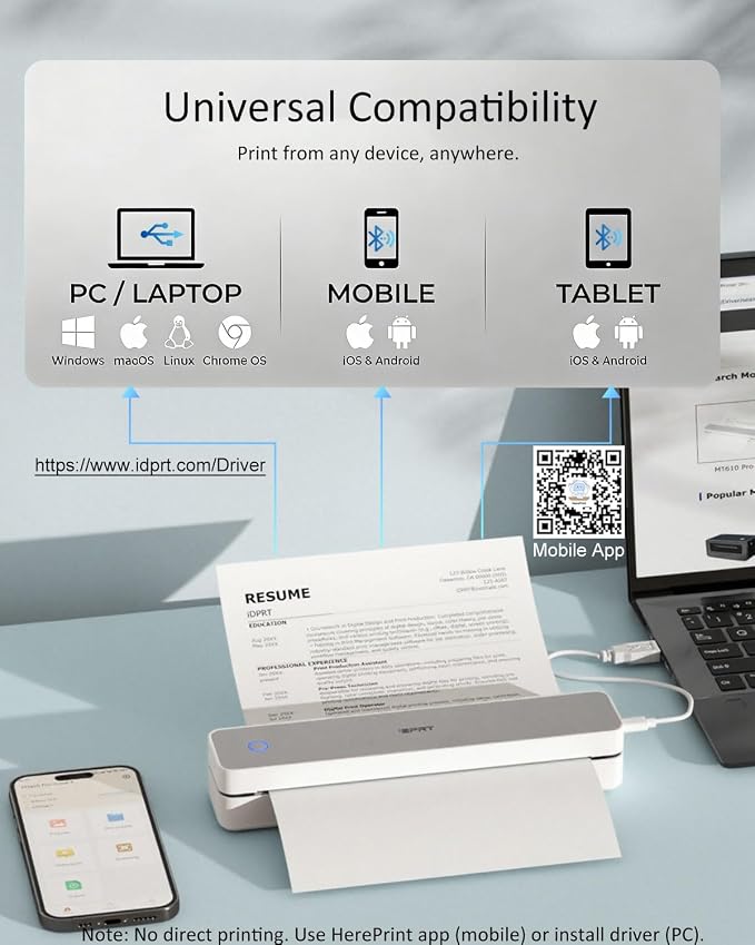 Inkless Portable Printer for Travel, Wireless Thermal Printer with 1 Case and 200pcs Paper Kit Supports 8.5 x 11" US Letter, A4, 610Pro 300DPI Small Bluetooth Printers for Phone Home Office Car, Grey