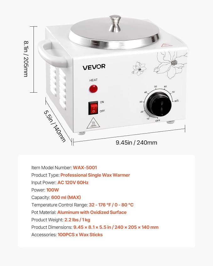 VEVOR Single Wax Warmer, 600ML Professional Wax Warmer for Hair Removal, 32 ℉ to 176℉ Adjustable Electric Waxing Heater Pot with 100PCS Waxing Sticks for Home Use, Beauty Salon, Spa