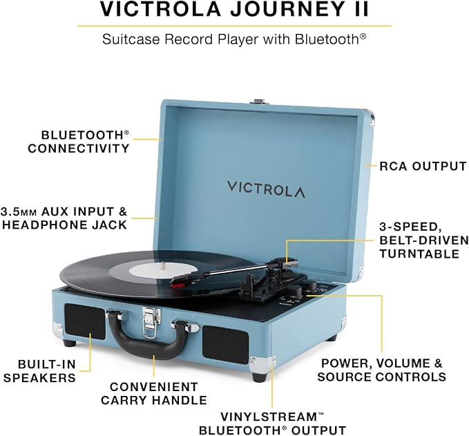 Victrola Journey II (2025 Model) – Bluetooth Suitcase Record Player – Built-in Stereo Speakers with Enhanced Bass, 3-Speed Turntable, Bluetooth Input and Output, RCA & Headphone Outputs (Pink)