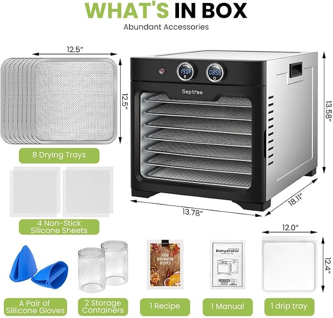 Household Food Dehydrators Machine with 8 Stainless Steel Trays Hold 10 lb Meats 24 H Digital Timer 194 °F Temperature Control Commercial Dryer for Jerky Meat Herb Fruit Vegetables Beef Black Knight