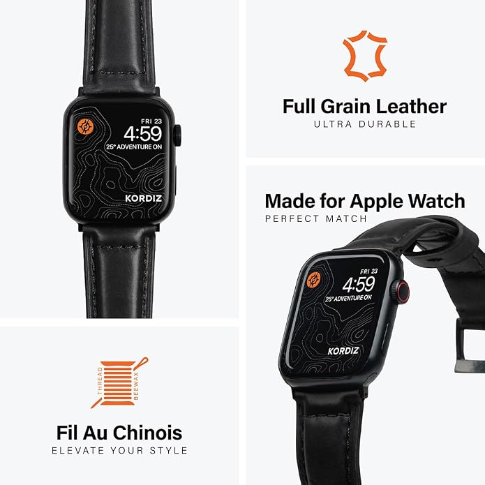 KORDIZ Traditional Leather Band for Apple Watch ULTRA 3, ULTRA 2/1 & Series 11, 10, 9, 8, 7-1, SE3, SE2, SE - Genuine Full Grain Leather Wristband - Men Women Replacement Band for iWatch Apple Watch [ 49mm 46mm 45mm 44mm ]