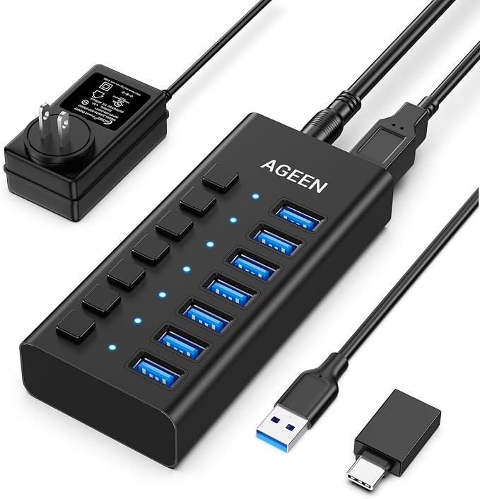 AGEEN 7-Port USB 3.2 Gen 2 Hub, 10Gbps High-Speed Aluminum Powered Hub with 24W Adapter, Individual Switches & Surge Protection for PC/Laptop, Flash Drive, Printer, Camera