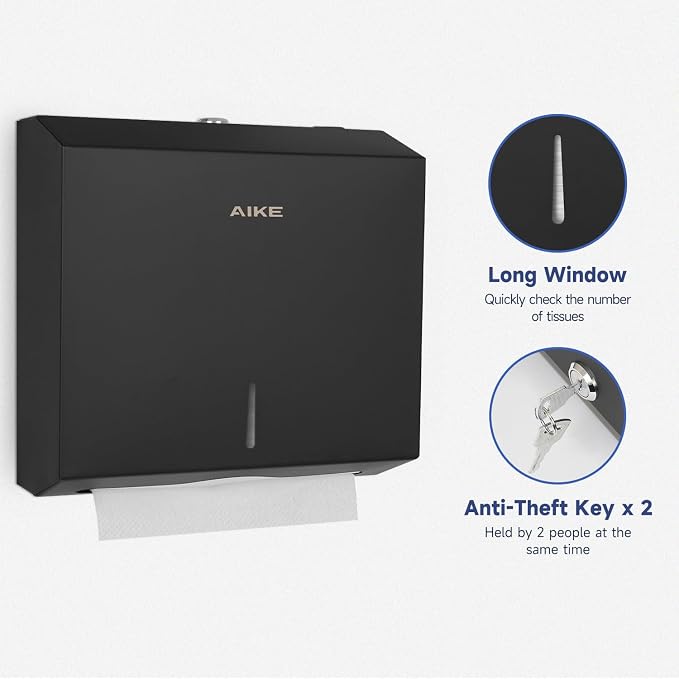 AIKE Automatic Commercial Soap Dispenser and Wall Mount Paper Towel Dispenser Bundle, Model AK1216& AK5180 Black