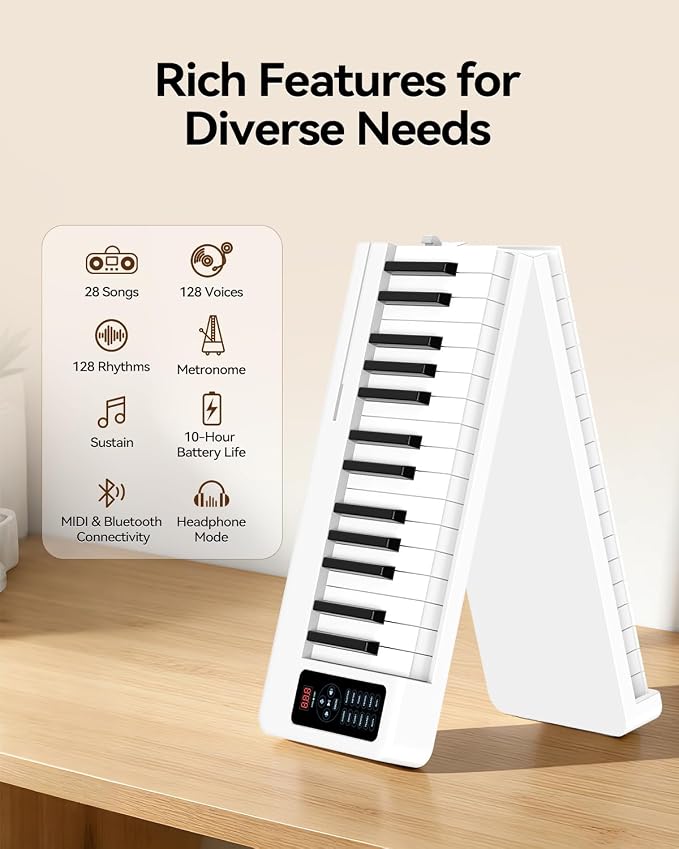 Rhymo Folding Piano Keyboard, 61 Keys Sensitive Electric Piano, Semi-Weighted Portable Electric Keyboard with Bluetooth MIDI, Digital Foldable Keyboard for Beginners(White)
