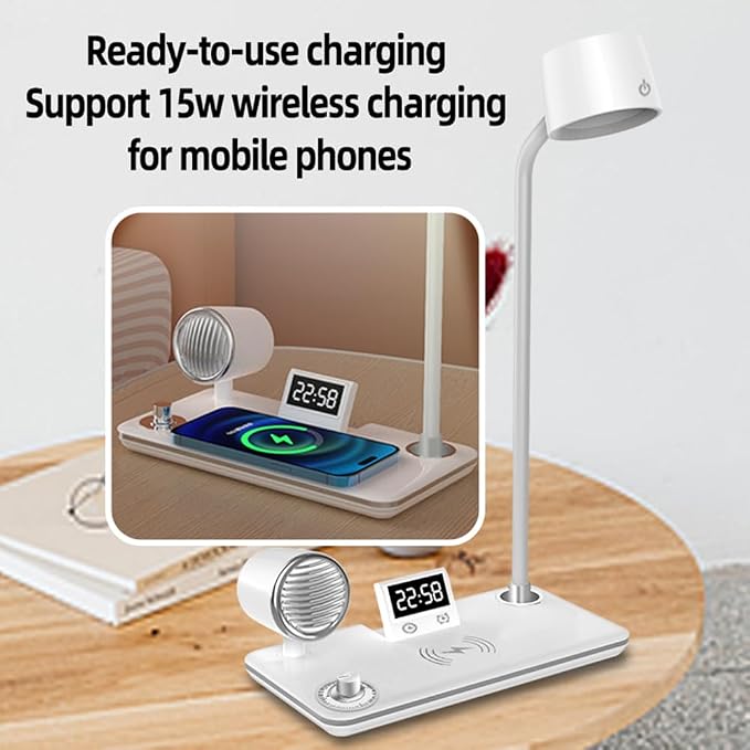 IHAO Smart LED Desk Lamp with Wireless Charger & Bluetooth Speaker, 15W Fast Charging Station for Phone & Earbuds Touch Control 3 Light Modes Alarm Clock Adjustable Eye-CareTable Lamp-HYT1772 White