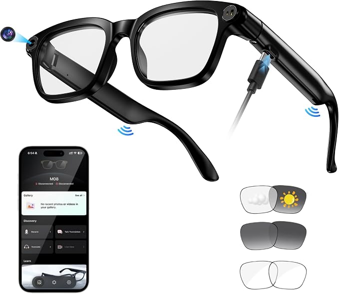 AI Smart Glasses with Camera, 8MP HD Camera Glasses for Women Men, Video Recording Sunglasses with Voice Assistant, Open-Ear Audio, Real-Time Translation for Life &Work Vlog, Black(3 Lenses)