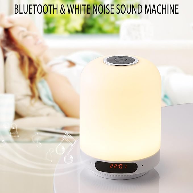 5-in-1 Bedside Speaker Night Light Bluetooth Alarm Clock with FM Radio,White Noise Machine for Sleeping,Touch Control Lamp with TF Card & APP Control for Bedroom HOM Office