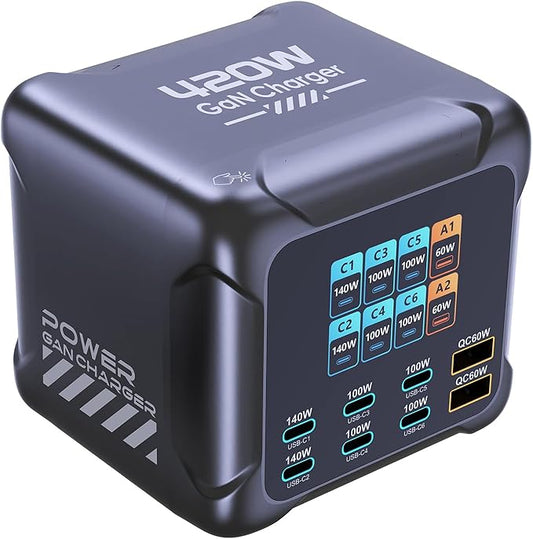 420W GaN 8-Port USB C Charging Station with Touch Control and LCD Display, 6 USB-C (2×140W + 4×100W) & 2 USB-A (60W) Charger Block, Compatible with Laptops, Phones, Tablets etc