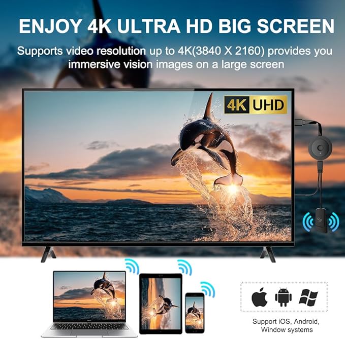4K Wireless HDMI Display Adapter, SOCLLLife Screen Mirroring Dongle for i-Phone, i-Pad, Android, Windows, Laptop to HDTV/Projector/Monitor, Support Airplay, Miracast, DLNA for Casting Video & Audio