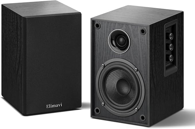 Elimavi Powered Bluetooth 5.3 Bookshelf Speakers - 60W Record Player Speakers with 4" Carbon Fiber Woofer & USB-C/RCA Input, Wooden Monitor Speakers for Turntables, PC, TV, Gaming, Black