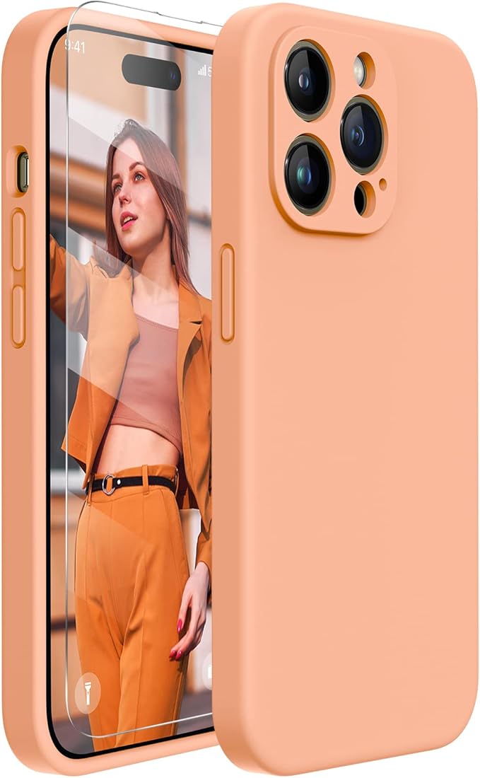 Miracase Designed for iPhone 14 Pro Max Phone Case with Screen Protector,[Upgraded Enhanced Camera Protection],Shockproof Liquid Silicone Case with Microfiber Lining,6.7 inch, Melon Orange