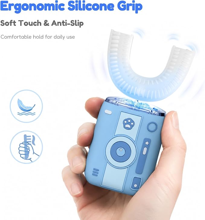 Adult Ultrasonic Electric Toothbrush, 360° Oral Cleaning for Stain & Whitening, IPX7 Waterproof Rechargeable, U-Shape Brush Head×3 + Straight Handle Brush Head×2 + Storage Cup