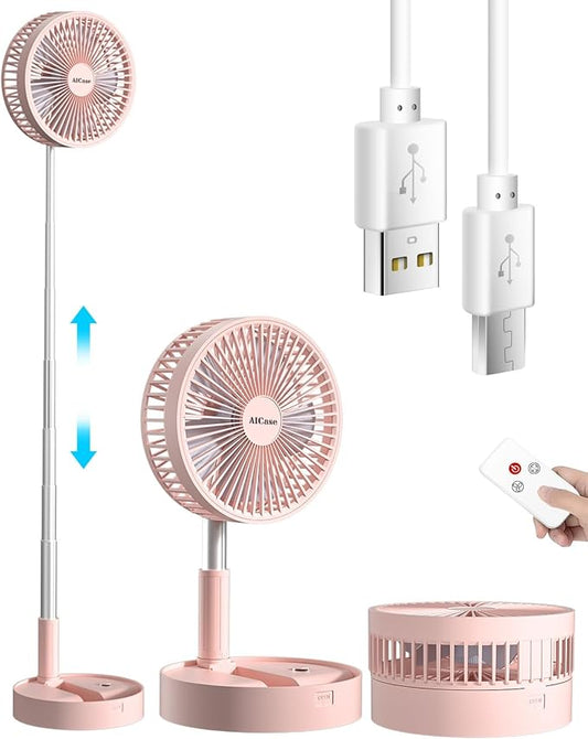 AICase Stand Fan,Folding Portable Telescopic Floor/USB Desk Fan with 7200mAh Rechargeable Battery,4 Speeds Super Quiet Adjustable Height and Head Great for Office Home Outdoor Camping-pink