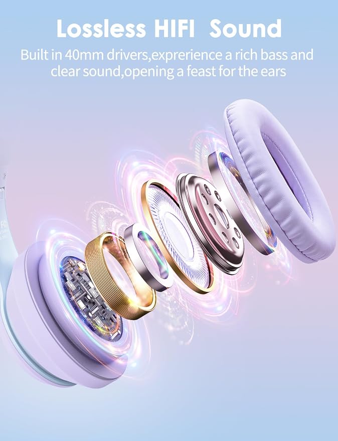 Cat Ear Bluetooth Headphones with Micphone for Kids & Adults, LED Light Up Wireless HI-FI Sound Quality, Over-Ear Headphones with Volume Control for iPhone/iPad/Laptop/PC(55H Play Time)