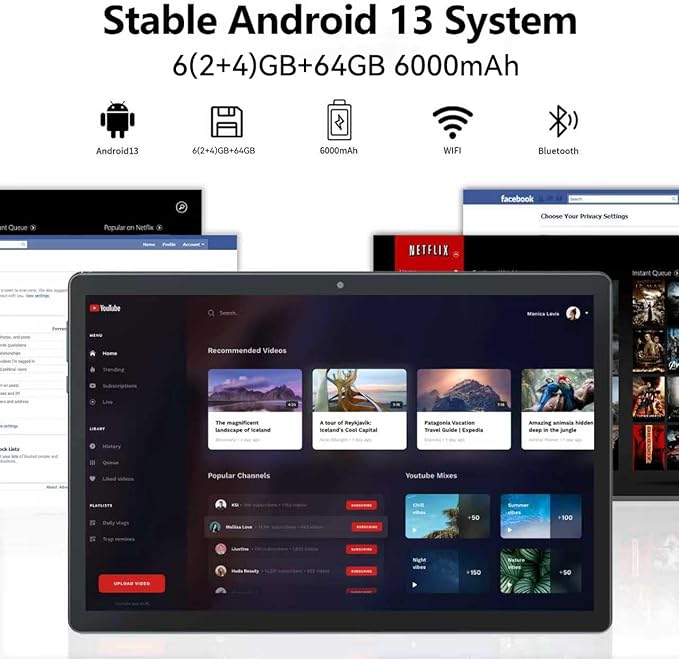 Tablet 10 inch Android Tablets, 6GB RAM 64GB ROM 1TB Expand, Quad-Core Processor, 1280x800 LCD Touch Screen, WiFi 4, Dual Camera, BT4.2, 6000mAh Battery (Black)
