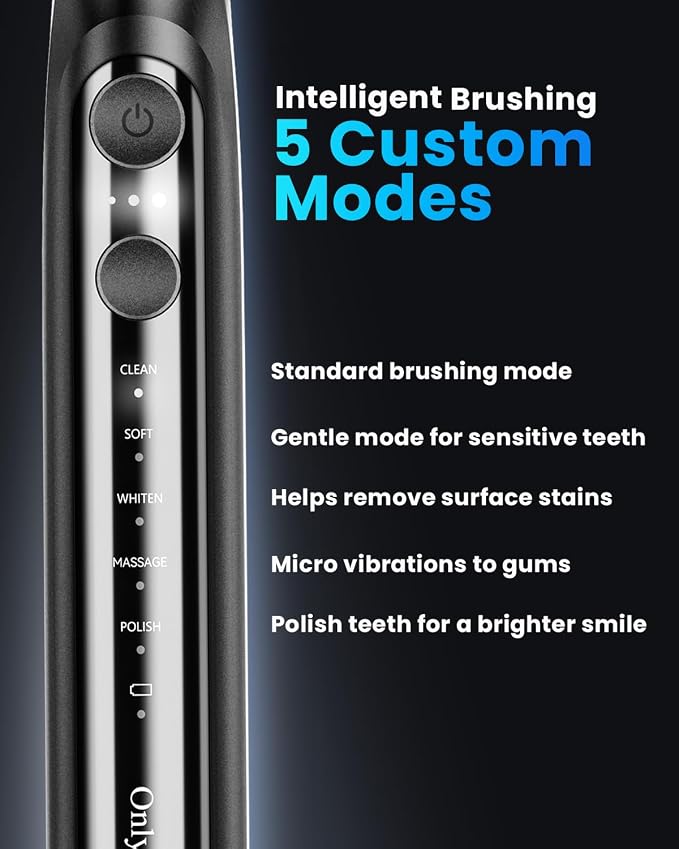 Onlyone Electric Toothbrush for Adults, Rechargeable Electric Toothbrush with 8 Brush Heads, Travel Case, Charging Base & Wireless Charging - 5 Modes with Smart Timer