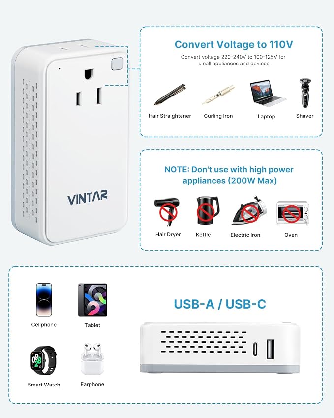 Mini 220V to 110V Converter for European Travel, VINTAR 200W Universal Travel Adapter Voltage Converter US to Europe, International Step Down Power Converter Adapter Combo for EU UK AUS India