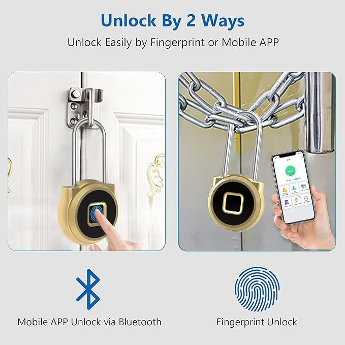 Fingerprint Padlock eLinkSmart Long Padlock with 45MM Shackle Weatherproof 1000 App User Combination Locker Lock for Gym Locker Fence Garden Cupboard Cabinet Gold