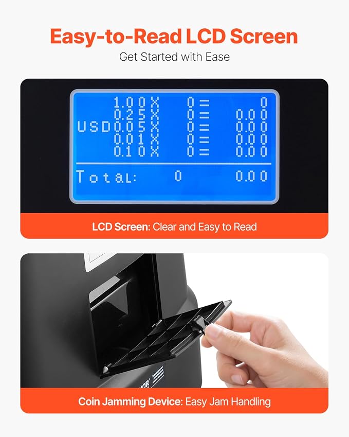 VEVOR Upgraded Coin Counter & Sorter, Coin Sorter and Wrapper Machine with Intuitive Display, Change Counter for USD Coins 1￠ 5￠ 10￠ 25￠ $1, Sorts up to 300 Coins/Min, with 5 Coin Tubes and 5 Trays