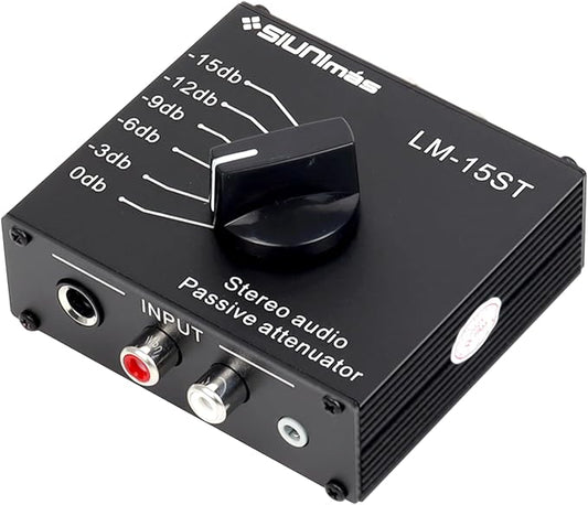 RCA&/AUX/1/4 1/8” Passive Stereo Inline Variable Audio Attenuator Adjustable Audio Attenuation Box for Home Theater and Official Audio Performance Playing (SIM-at-AUX/RCA/TS)