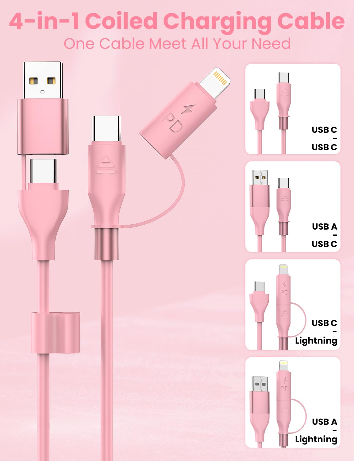 Coiled USB-C and Lightning Cable 2-in-1, 3FT Pink iPhone 15 16 Car Charger Cord, 60W Fast Charging Cable for iPhone 17, Samsung Galaxy, Cute Pink Car Accessories Supports Apple CarPlay & Android Auto
