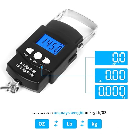 Digital Scale with Lip Gripper：110 Lbs/50 Kg Backlight LCD Display Fishing Scale with Build in Ruler and 2pcs Fish Lip Gripper