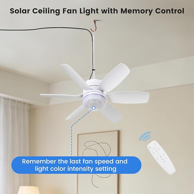 Fanspex 20.5'' Solar Rechargeable Ceiling Fan Light with Battery Backup, 25W Solar Powered Hanging Fans for Outdoor Gazebo, Chicken Coop, Greenhouse, Shed, Pet House