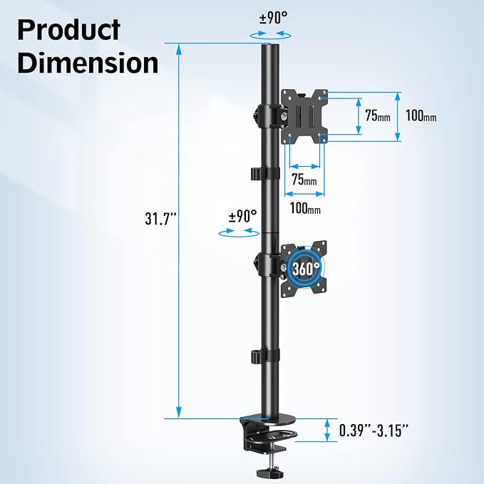 MOUNTUP Dual Monitor Stand, Vertical Monitor Mount for 2 Max 32 inch Stack Screen Monitors, Height Adjustable, Swivel, Tilt Monitor Desk Mount with C Clamp Grommet Base, Home Office