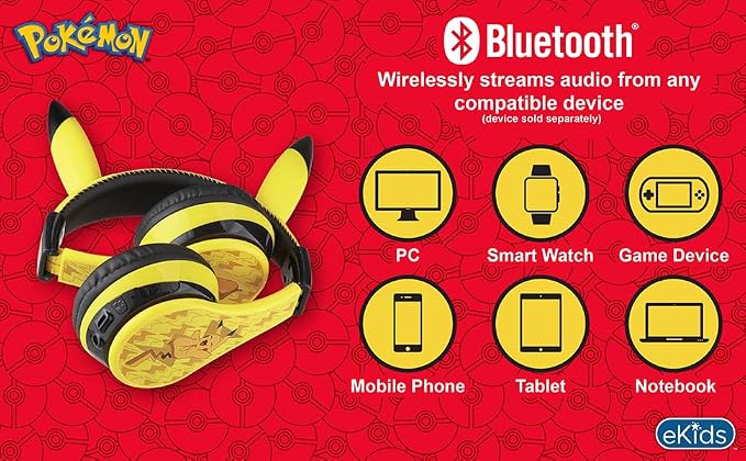 eKids Pokemon Kids Bluetooth Headphones, Wireless Headphones with Microphone Includes Aux Cord, Volume Reduced Kids Foldable Headphones for School, Home, or Travel,Yellow