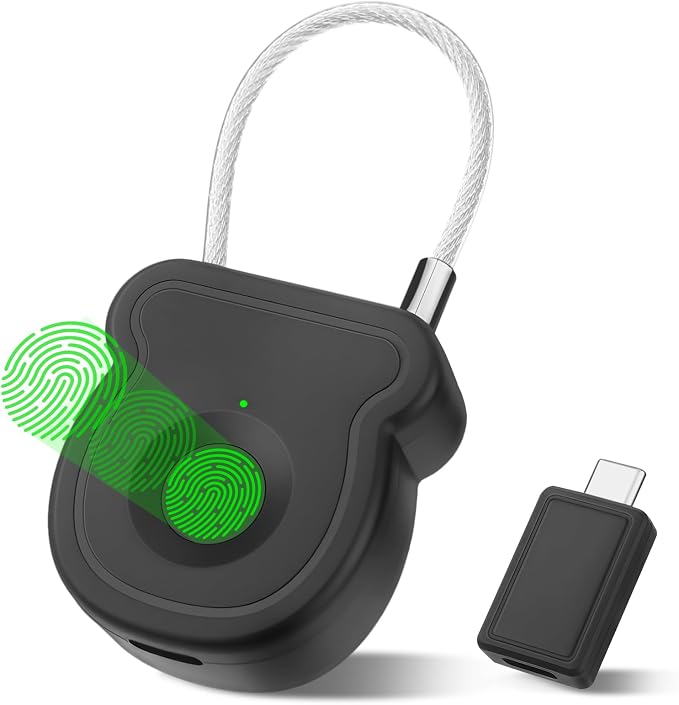 Fingerprint Padlock Lock with Key Backup, Biometric Metal Keyless Thumbprint Combination Lock, Waterproof, USB Rechargeable, for Gym Locker, School Locker, Luggage, Backpack, Suitcase