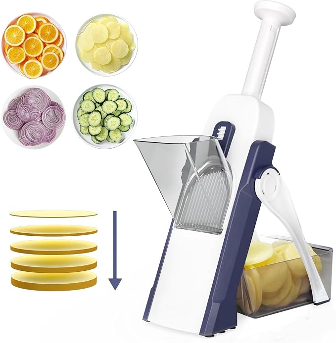 Adjustable Mandoline Slicer & Vegetable Chopper - Professional Kitchen Food Slicer, Multifunctional Potato Cutter, French Fry & Salad Chopper with 5 Blades (Blue)