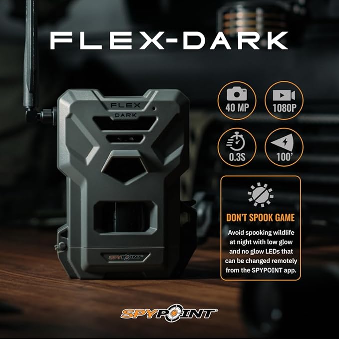 SPYPOINT Flex-Dark Ultimate Pack with SD Card + LIT-22 - Cellular Trail Camera, 40MP Photos, 1080p Video + Sound, No-Glow Game Camera, Hunting Night Vision, Motion Activated,100ft Detection