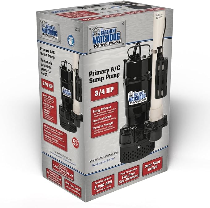 The Basement Watchdog ¾ HP Submersible Sump Pump w/Copper-Wound PSC Motor - 5,300 GPH - Caged Microreed Dual Float Switch (BWT075)
