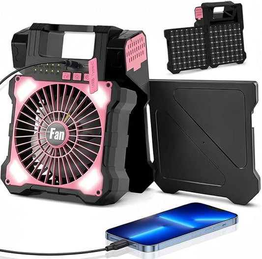22000mAh Camping Solar Fan, Dual-Panel Rechargeable Solar Powered Fan with LED Light, 5 Adjustable Speeds Battery Powered Portable Fans, USB-C Fans for Travel Tent Home Camping Accessories