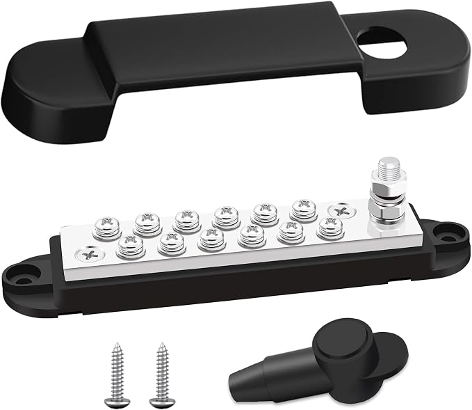Marine Bus Bar 12V 150A 1/4" Stud Power Distribution Block, 12 Volt DC Battery Busbar, Automotive Buss Bar 12v for Car, Boat and Solar Wiring (Black)