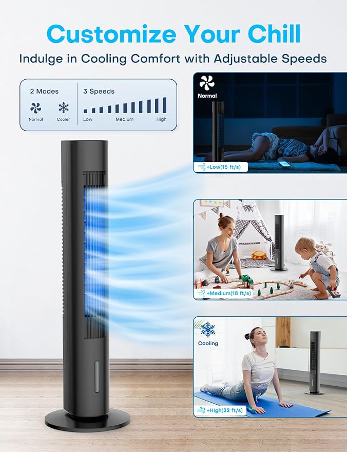 Windowless Portable Air Conditioners, 35" Swamp Cooler w/4 Ice Packs, 3 Speeds, 25ft Remote & 7H Timer, 90°Oscillating Evaporative Cooler, Ventless Air Conditioner AC Unit for Bedroom Black